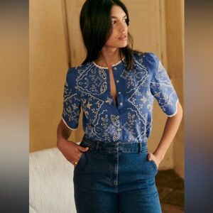 Sezane Waverly Blouse Blue/ecru - Size 6 - Like New!!!